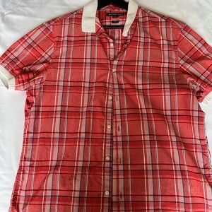 Michael Kors Red Plaid Short-Sleeve Button-Down Shirt with Cream Collar